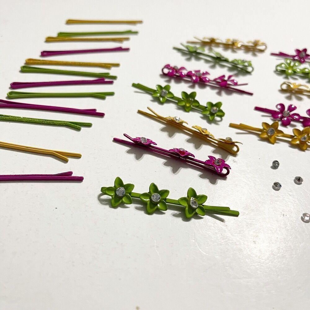 Vintage Lot of 24 Metal Bobby Pins Colorful Rhinestone Glitter Pink Green Yellow - Picture 10 of 16